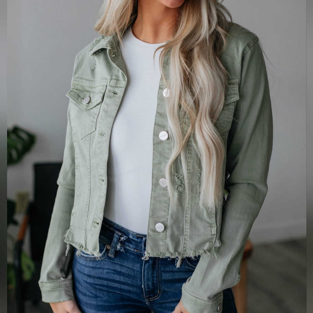 Risen Jean Jacket Lt Sage Crop Raw Hem 2XL Cowgirl Western Festival